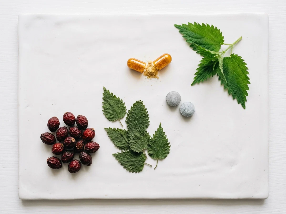 Natural herbal ingredients including saw palmetto berries, nettle leaves and zinc minerals used in men's health supplements